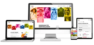 Mockup der Website des Stadtjugendrings Kempten auf Desktop, Laptop, Tablet und Smartphone.