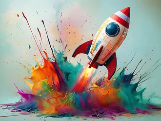 Farbenfrohe Rakete beim Start mit explosiver Farbexplosion im Hintergrund auf hellblauem Untergrund – symbolisiert Kreativität, Innovation und dynamischen Aufbruch