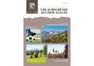 Titelseite des Urlaubsmagazins „Urlaubsgrüße aus dem Allgäu“ mit Themenvorschau zu Fußball-EM, Alpenrosenblüte, Golf und Hüttenwandern