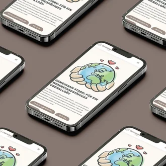 Mehrere Smartphones zeigen die mobile Website des Landkreises Oberallgäu mit einer Illustration der Erde in schützenden Händen und dem Slogan „Gemeinsam stark: Für ein widerstandsfähiges Oberallgäu“.