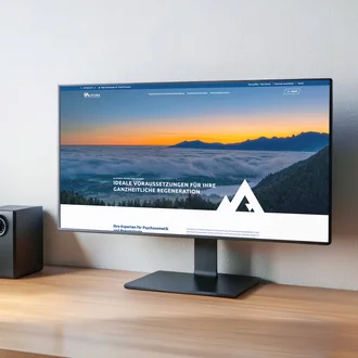 Monitor auf Holzschreibtisch zeigt Website der Alpcura Fachklinik Allgäu mit Bergpanorama und Slogan zur ganzheitlichen Regeneration.