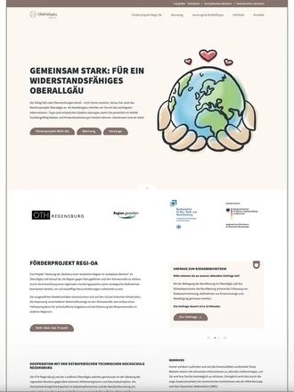 Startseite der Webseite des Projekts Regi-OA zur Krisenvorsorge im Landkreis Oberallgäu mit Fokus auf Resilienzförderung, Warnsysteme und Notfalltipps.