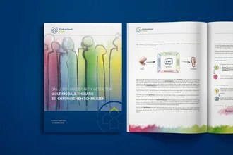 Informationsbroschüre des Klinikverbund Allgäu zur multimodalen Schmerztherapie – Titel „Das Leben wieder aktiv gestalten“, mit grafischem Konzept zur Kommunikation und buntem Figurenmotiv als visuelles Leitbild.
