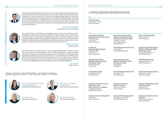 Zweiseitiger Auszug aus dem Mitgliederverzeichnis der VPKA-Broschüre mit alphabetisch sortierten Kliniken von A bis H, einschließlich Namen, Adressen und Trägerformen wie Asklepios, HELIOS und Privatkliniken in Bayern.