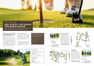 Magazin-Doppelseite mit Golfthema, Nahaufnahme beim Einlochen, Platzkarten und Infos zu Golfurlaub im Allgäu mit Panoramablick