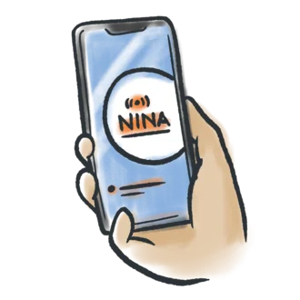 Illustration einer Hand, die ein Smartphone mit der geöffneten NINA-Warn-App hält – Symbol für Krisenwarnung, Zivilschutz und Katastrophenvorsorge in Deutschland.