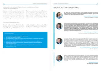 Doppelseite der VPKA-Broschüre mit persönlichen Statements der Vorstandsmitglieder Dr. Mate Ivančić, Ludwig Klitzsch und Ulf Ludwig zur Reha-Politik sowie Vorstellung der Geschäftsstelle mit Portraits und Kontaktdaten; rechts beginnt das alphabetische Mitgliederverzeichnis mit Kliniknamen und Adressen.