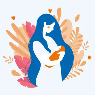 Illustration einer stilisierten Mutter mit Baby im Arm, umgeben von floralen Elementen in warmen Farbtönen – Symbol für Geborgenheit und Fürsorge rund um Geburt und Mutterschaft