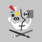 Modernes Icon mit abstrahiertem Künstlergesicht auf grauem Hintergrund, bestehend aus farbigen geometrischen Formen, Pinsel, Stift und Kameraelementen. Symbolisiert kreative Berufe wie Design, Fotografie, Illustration und Medienkunst. 