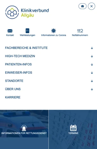 Hauptmenü der Website des Klinikverbunds Allgäu mit Navigation zu Fachbereichen, High-Tech-Medizin, Patienteninfos, Standorten, Karriere und Rettungsdienstinformationen.