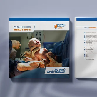 Gedruckte Broschüre des Perinatalzentrums Level 1 vom Allgemeinen Krankenhaus Celle mit Titelseite zum Thema Risikogeburt und Innenseiten mit Leistungsübersicht und medizinischem Leitungsteam