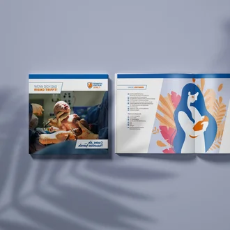 Gedruckte Broschüre des Perinatalzentrums Level 1 vom Allgemeinen Krankenhaus Celle mit Titelseite zum Thema Risikogeburt und Innenseiten mit Leistungsübersicht und medizinischem Leitungsteam