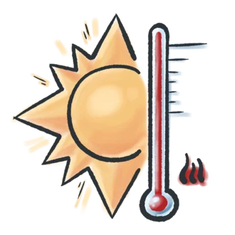 Illustration einer strahlenden Sonne mit Thermometer und Hitzesymbol – Darstellung für extreme Hitze, Hitzewelle, Klimawandel oder Sommerwarnung.