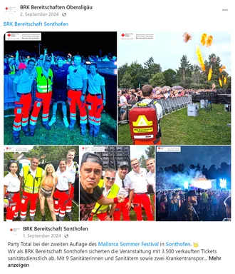 Sanitätsdienst des Bayerischen Roten Kreuzes Sonthofen beim Mallorca Sommer Festival 2024 – Einsatzkräfte im Gespräch mit Besuchern und vor der Bühne bei Großveranstaltung mit Pyrotechnik und über 3.500 Gästen
