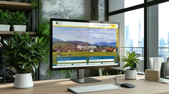 Modernes Website-Mockup der Marktgemeinde Sulzberg auf Desktop-Monitor – responsive TYPO3-Webdesign mit Fokus auf Bürgerinformation, Tourismus und Online-Services im Allgäu