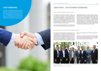 Doppelseite einer VPKA-Broschüre mit Informationen über den Verband der Privatkrankenanstalten in Bayern e. V., inklusive Handschlag-Symbolfoto und Gruppenbild des Vorstands – Vorstellung der Verbandsstruktur, gesundheitspolitischen Arbeit und fachlichen Austauschformate.