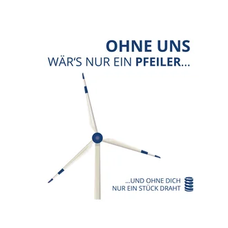 Illustration eines Windrads mit dem Slogan „Ohne uns wär’s nur ein Pfeiler… und ohne dich nur ein Stück Draht“ – aufmerksamkeitsstarke Recruiting-Botschaft der Dr. Werner Röhrs GmbH & Co. KG zur essenziellen Rolle technischer Federn in der Energietechnik.