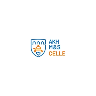 Logo von AKH M und S Celle mit stilisiertem Haus, Herzsymbol und Schriftzug in Blau und Orange auf weißem Hintergrund