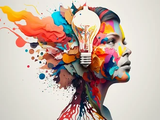 Illustration eines menschlichen Gesichts, bei dem aus dem Kopf bunte Farbexplosionen und eine Glühbirne als Symbol für Kreativität hervorgehen