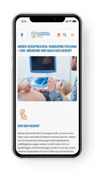 Smartphone-Ansicht der Website des Allgemeinen Krankenhauses Celle mit Informationen zur umfassenden Betreuung vor der Geburt – inklusive Ultraschallbild und Begleitung durch Fachpersonal während der Schwangerschaft