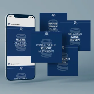 Mockup mit Smartphone und mehreren blau gestalteten Social-Media-Posts der Dr. Werner Röhrs GmbH & Co. KG mit humorvollen Texten wie „Federn, die die Welt bedeuten“ und „Keine Lust auf Schicht im Schacht?“ – kreative Employer-Branding-Kampagne mit Wortspielen rund um technische Federn und Arbeitswelt.