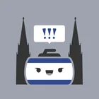Graues Icon mit zwei markanten Kirchtürmen (Kölner Dom) im Hintergrund. Im Vordergrund eine stilisierte weiß-blaue Tasche mit lachendem Gesicht und einem Tragegriff. Darüber eine Sprechblase mit drei Ausrufezeichen.