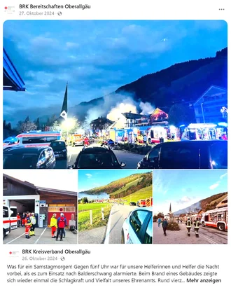 Einsatzkräfte des Bayerischen Roten Kreuzes und Feuerwehrfahrzeuge im Morgengrauen bei großem Gebäudebrand in Balderschwang – Koordination ehrenamtlicher Helferinnen und Helfer im Allgäu