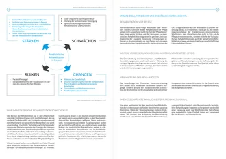 Doppelseite der VPKA-Broschüre mit SWOT-Analyse zur medizinischen Rehabilitation in Bayern sowie ausführlichen Texten zu politischen Zielen wie Reha-Stärkungsgesetz, Reha-Budget, Pflegevermeidung und freier Klinikwahl – strategische Verbandsthemen zur Verbesserung der Versorgungsqualität im Reha-Bereich.