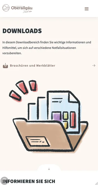 Mobile Ansicht des Downloadbereichs der Website des Landkreises Oberallgäu mit Symbol einer geöffneten Dokumentenmappe und dem Hinweis auf Broschüren und Merkblätter zur Notfallvorsorge.