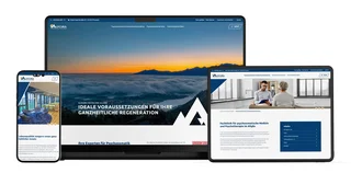 Website der Alpcura Fachklinik Allgäu dargestellt auf Smartphone, Tablet und Laptop mit responsivem Design und Inhalten zu Psychosomatik und Reha.