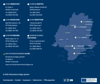 Standortkarte des Klinikverbunds Allgäu mit Adressen und Kontaktdaten der Kliniken in Immenstadt, Kempten, Mindelheim, Oberstdorf, Ottobeuren und Sonthofen.