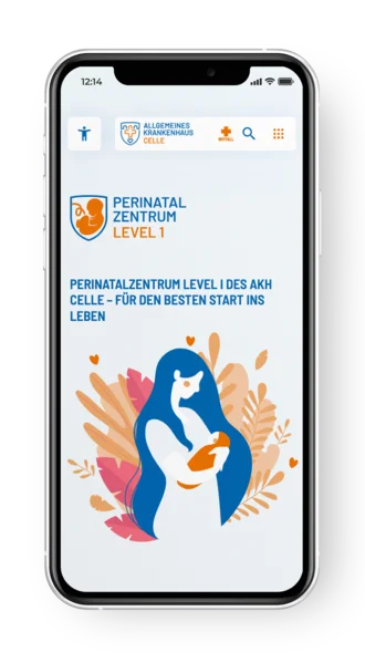 Smartphone-Ansicht der Website des Perinatalzentrums Level 1 am Allgemeinen Krankenhaus Celle mit stilisierter Mutter-Kind-Illustration – mobile Darstellung für optimale Nutzererfahrung und Informationszugang rund um Geburt und Neonatologie