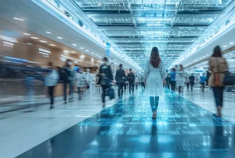 Frau in weißem Kittel geht durch futuristisches, hell erleuchtetes medizinisches Zentrum mit digitalem Datenoverlay auf dem Boden, während Menschen um sie herum in Bewegung sind – Symbolbild für Digitalisierung, moderne Technologie, Künstliche Intelligenz und Zukunft der Medizin. 