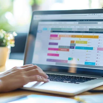Hand tippt auf Laptop mit farbenfroher Kalender- oder Projektplanungssoftware im modernen Büro – Fokus auf Zeitmanagement, digitales Arbeiten und effiziente Organisation