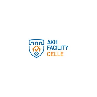 Logo von AKH Facility Celle mit stilisiertem Haus, Herzsymbol und Schriftzug in Blau und Orange auf weißem Hintergrund