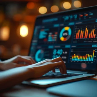 Person arbeitet an einem Laptop mit interaktiven Daten-Dashboards und bunten Diagrammen in moderner Arbeitsumgebung – Fokus auf Datenanalyse, Business Intelligence und digitale Entscheidungsfindung
