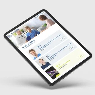 Tablet-Ansicht der aktuellen Veranstaltungstermine im Klinikverbund Allgäu, mit Expertenvorträgen zu Herzgesundheit und Gelenkchirurgie sowie Informationen für Patienten.