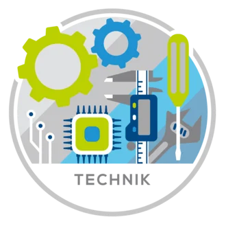 Icon „TECHNIK“ – grafische Darstellung technischer Elemente wie Zahnräder, Mikrochip, Schaltkreis, Messschieber, Schraubendreher und Schraubenschlüssel in einem kreisförmigen Design. Farbgebung in Blau, Grün, Grau und Weiß mit der Aufschrift „TECHNIK“ im unteren Bereich