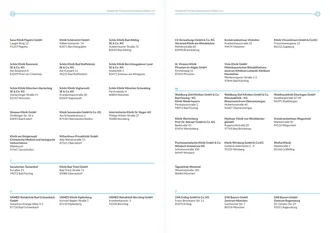 Letzte Doppelseite des Mitgliederverzeichnisses der VPKA-Broschüre mit alphabetisch gelisteten Kliniken von S bis Z – u. a. Schön Kliniken, Waldburg-Zeil Kliniken, VAMED Rehakliniken, ZAR Bayern – inklusive vollständiger Adressen.