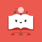 Rotes Icon mit offenem Buch als stilisiertem Gesicht, über dem sich eine Weltkugel, Musiknoten und Netzwerkverbindungen befinden. Symbolisiert kulturelle Bildung, digitale Vernetzung, interdisziplinäres Lernen und kreative Medienkompetenz.