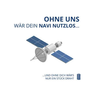 Illustration eines Satelliten mit dem Slogan „Ohne uns wär dein Navi nutzlos… und ohne dich wär’s nur ein Stück Draht“ – kreative Recruiting-Kampagne der Dr. Werner Röhrs GmbH & Co. KG zur Darstellung der Bedeutung technischer Federn in Navigationstechnologien.