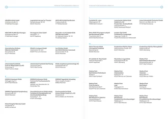 Mitgliederverzeichnis der VPKA-Broschüre, Doppelseite mit alphabetisch sortierten Kliniknamen von H bis M – darunter u. a. HELIOS Kliniken, KIRINUS Kliniken, Isar Kliniken, Medical Park – inklusive Standorte und Adressen.