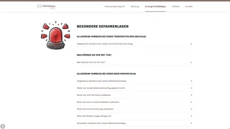 Informationsseite des Landkreises Oberallgäu zu besonderen Gefahrenlagen wie Terroranschlägen oder Raketeneinschlägen mit Handlungsempfehlungen, illustriert mit rotem Alarmlicht.