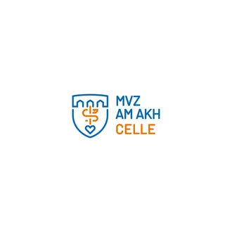 Logo von MVZ am AKH Celle mit stilisiertem Haus, Herzsymbol und Schriftzug in Blau und Orange auf weißem Hintergrund
