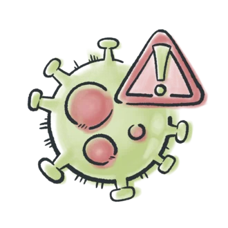 Illustration eines Virus mit Warnsymbol – symbolisiert Pandemie, Infektionsgefahr und gesundheitliche Krisensituationen.