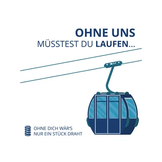 Illustration einer Gondel-Seilbahn mit dem Text „Ohne uns müsstest du laufen… und ohne dich wär’s nur ein Stück Draht“ – visuelle Darstellung der Dr. Werner Röhrs GmbH & Co. KG zur Bedeutung technischer Federn in Mobilität und Infrastruktur.