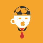 Modernes Icon auf orangefarbenem Hintergrund mit einem stilisierten Gesicht, das aus einer Kaffeetasse mit Apple-Logo besteht, einem Fußball als Kopf und einer roten Krawatte. 