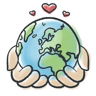 Gezeichnete Weltkugel in schützenden Händen mit drei roten Herzen darüber – Symbol für globale Verantwortung, Resilienz, Nachhaltigkeit und Krisenvorsorge.