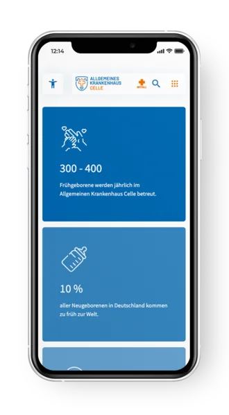Mobile Website des Allgemeinen Krankenhauses Celle mit statistischen Fakten zur Frühgeburtenversorgung – jährlich 300 bis 400 Frühgeborene in Betreuung und 10 % Frühgeburtenrate in Deutschland, dargestellt mit Icons für Säuglingspflege und Betreuung