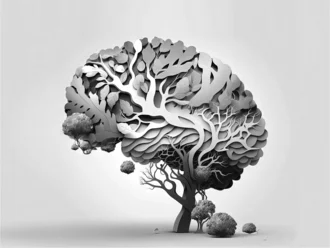 Illustration eines stilisierten Baums in Form eines menschlichen Gehirns – Symbol für Wissen, Wachstum und Vernetzung in monochromem Design